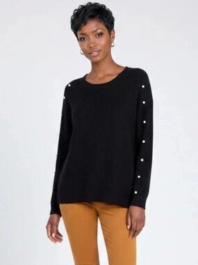 AQUA Cashmere Black Pearl-Embellished 100% Cashmere Crewneck Chunky Sweater Sz M